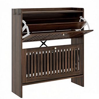 Shoe Cabinet with 2 Flip Slatted Drawers,Adjustable & Removable Panels,Narrow Shoe Cabinet Storage