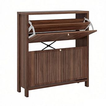 Fluted Shoe Storage Cabinet for Entryway with 2 Flip Drawers, Arch-carved Door & Adjustable Shel