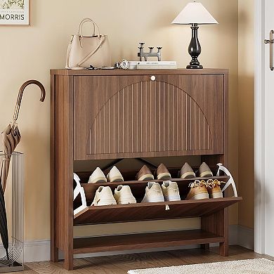 Fluted Shoe Storage Cabinet for Entryway with 2 Flip Drawers, Arch-carved Door & Adjustable Shel