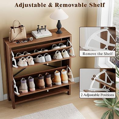 Fluted Shoe Storage Cabinet for Entryway with 2 Flip Drawers, Arch-carved Door & Adjustable Shel