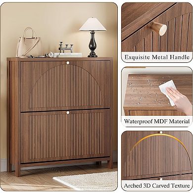 Fluted Shoe Storage Cabinet for Entryway with 2 Flip Drawers, Arch-carved Door & Adjustable Shel