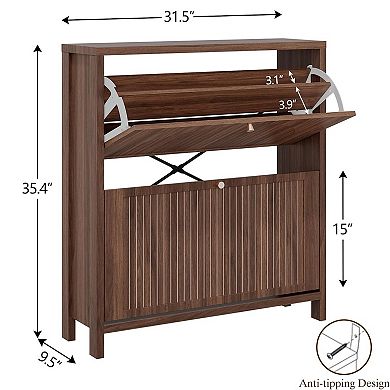 Fluted Shoe Storage Cabinet for Entryway with 2 Flip Drawers, Arch-carved Door & Adjustable Shel