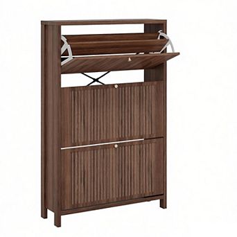 Fluted Shoe Storage Cabinet for Entryway with 3 Flip Drawers, Arch-carved Door & Adjustable Shel