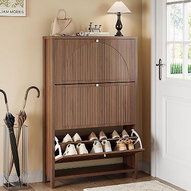 Fluted Shoe Storage Cabinet for Entryway with 3 Flip Drawers, Arch-carved Door & Adjustable Shel