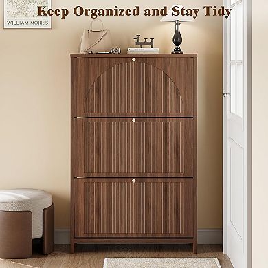 Fluted Shoe Storage Cabinet for Entryway with 3 Flip Drawers, Arch-carved Door & Adjustable Shel