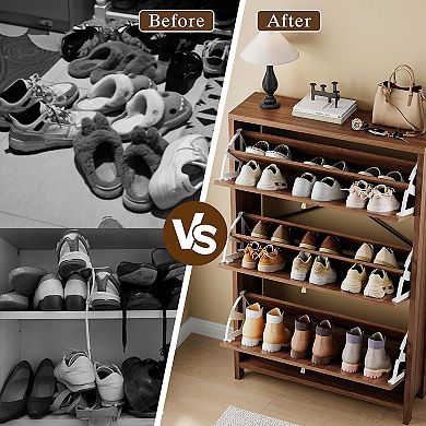 Fluted Shoe Storage Cabinet for Entryway with 3 Flip Drawers, Arch-carved Door & Adjustable Shel