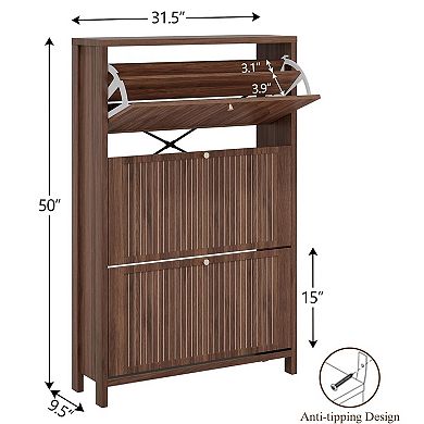 Fluted Shoe Storage Cabinet for Entryway with 3 Flip Drawers, Arch-carved Door & Adjustable Shel