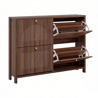 Fluted Shoe Storage Cabinet for Entryway with 4 Flip Drawers, Arch-carved Door & Adjustable Shel