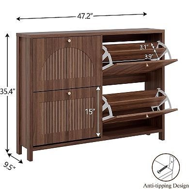 Fluted Shoe Storage Cabinet for Entryway with 4 Flip Drawers, Arch-carved Door & Adjustable Shel