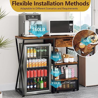 3-Tier Mini Fridge Stand with Storage Shelf, Microwave and Coffee Bar Organizer Built-in Power Out