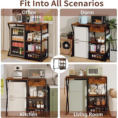 3-Tier Mini Fridge Stand with Storage Shelf, Microwave and Coffee Bar Organizer Built-in Power Out