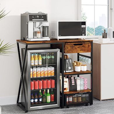 3-Tier Mini Fridge Stand with Storage Shelf, Microwave and Coffee Bar Organizer Built-in Power Out
