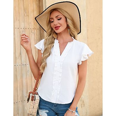 Women's Short Sleeve Blouse V-Neck Casual Flowy Ruffle Hem Summer Shirt