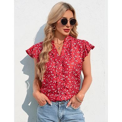 Women's Short Sleeve Blouse V-Neck Casual Flowy Ruffle Hem Summer Shirt