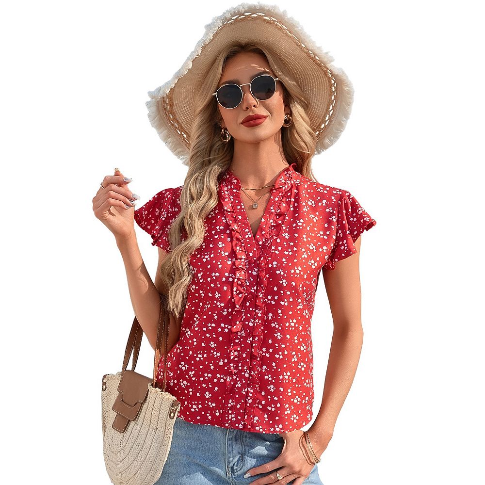 Women's Short Sleeve Blouse V-Neck Casual Flowy Ruffle Hem Summer