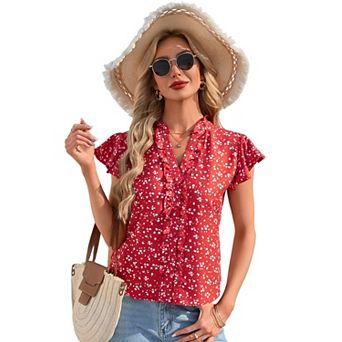Women's Short Sleeve Blouse V-Neck Casual Flowy Ruffle Hem Summer Shirt