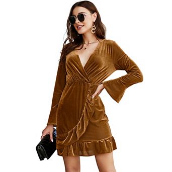 Women's V-Neck Long Bell Sleeve Wrap Velvet Dress, Ruffle Hem Bodycon Mini Dress