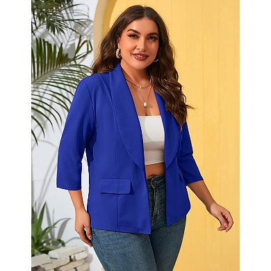 Plus Size Women's 3/4 Sleeve Blazer Open Front Shawl Collar Casual Work Blazer with Pockets