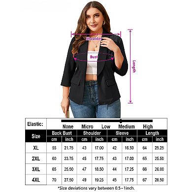 Plus Size Women's 3/4 Sleeve Blazer Open Front Shawl Collar Casual Work Blazer with Pockets