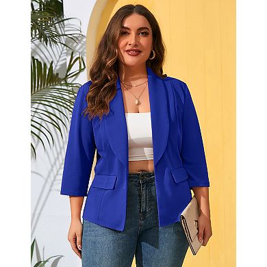 Plus Size Women's 3/4 Sleeve Blazer Open Front Shawl Collar Casual Work Blazer with Pockets