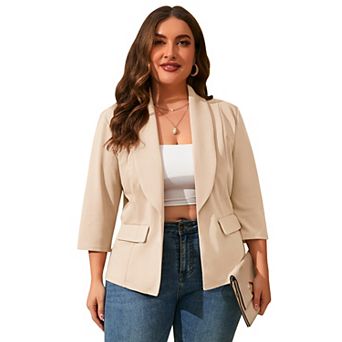 Plus Size Women's 3/4 Sleeve Blazer Open Front Shawl Collar Casual Work Blazer with Pockets