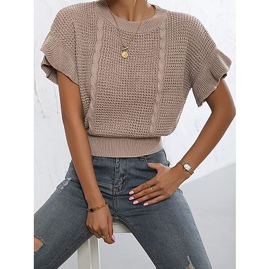 Women's Ruffled Short Sleeve Crewneck Knit Pullover Sweater