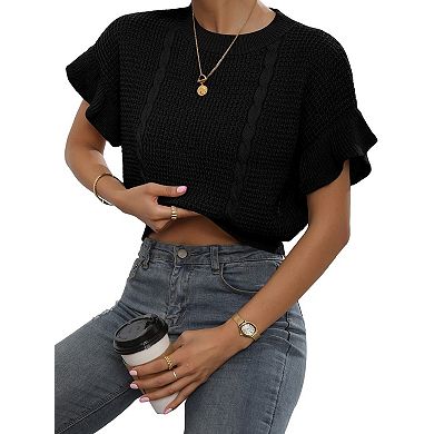 Women's Ruffled Short Sleeve Crewneck Knit Pullover Sweater