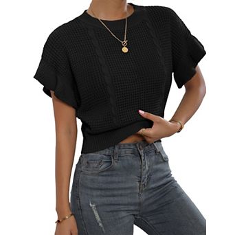 Women's Ruffled Short Sleeve Crewneck Knit Pullover Sweater