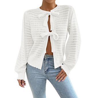 Womens Crochet Knit Tie Front Cardigan Sweaters Long Lantern Sleeve Cute Trendy Crew Neck Cardigan