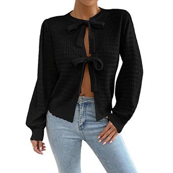 Womens Crochet Knit Tie Front Cardigan Sweaters Long Lantern Sleeve Cute Trendy Crew Neck Cardigan
