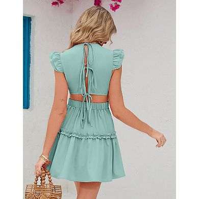 Women's Cap Sleeve Cutout Mini Dress Back Tie Waist Flared Ruffle Hem Dress