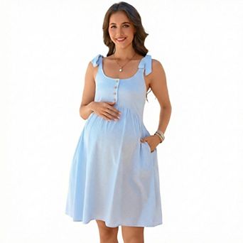 Women's Maternity U-Neck Adjustable Straps Striped Midi Dress with Side Pockets