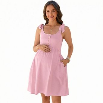 Women's Maternity U-Neck Adjustable Straps Striped Midi Dress with Side Pockets