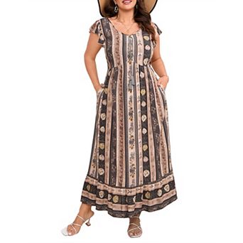Women's Plus Size Maxi Dresses Boho Floral Print Flowy Long Dress with Pockets