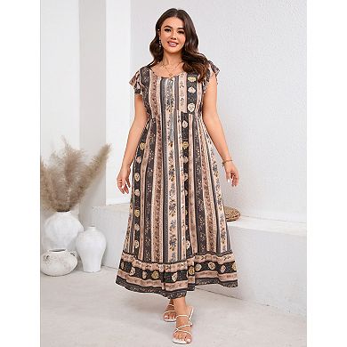 Women's Plus Size Maxi Dresses Boho Floral Print Flowy Long Dress with Pockets