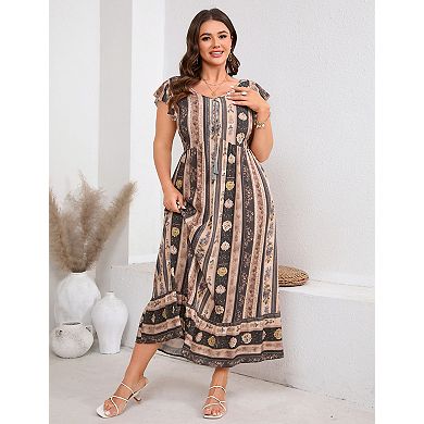 Women's Plus Size Maxi Dresses Boho Floral Print Flowy Long Dress with Pockets