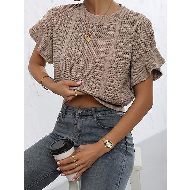 Women's Ruffled Short Sleeve Crewneck Knit Pullover Sweater