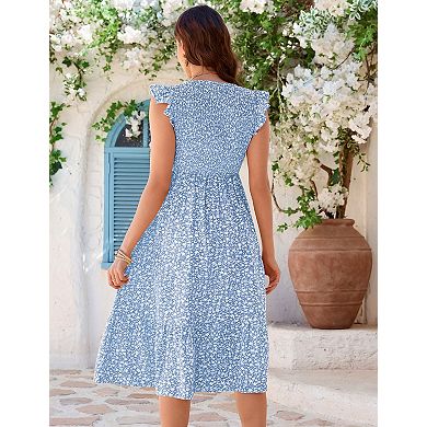 Women's Maternity V-Neck Ruffle Sleeve Button Front Midi Dress