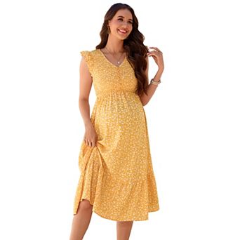 Women's Maternity V-Neck Ruffle Sleeve Button Front Midi Dress