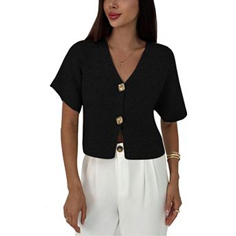 Women's Short Sleeve Cardigan Button Down Ribbed Lightweight V Neck Sweater Top