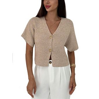 Women's Short Sleeve Cardigan Button Down Ribbed Lightweight V Neck Sweater Top