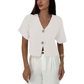 Women's Short Sleeve Cardigan Button Down Ribbed Lightweight V Neck Sweater Top