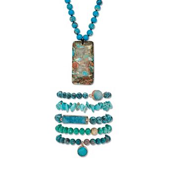 Genuine Blue Jasper Goldtone Necklace and Beaded Bracelet Set, 34 in