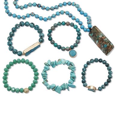 Genuine Blue Jasper Goldtone Necklace and Beaded Bracelet Set, 34 inches