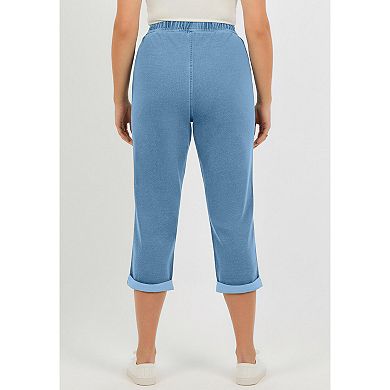 Roaman's Women's Plus Size Knit Denim Pull-On Cuffed Capri Jean