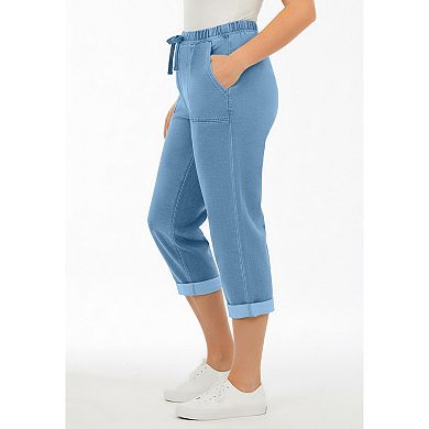 Roaman's Women's Plus Size Knit Denim Pull-On Cuffed Capri Jean