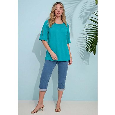 Roaman's Women's Plus Size Knit Denim Pull-On Cuffed Capri Jean