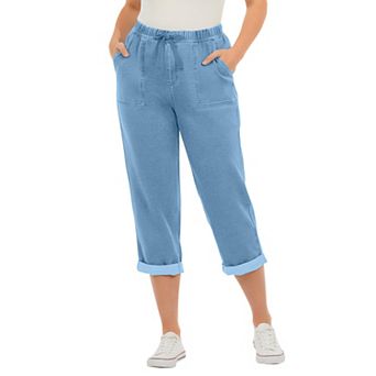 Roaman's Women's Plus Size Knit Denim Pull-On Cuffed Capri Jean