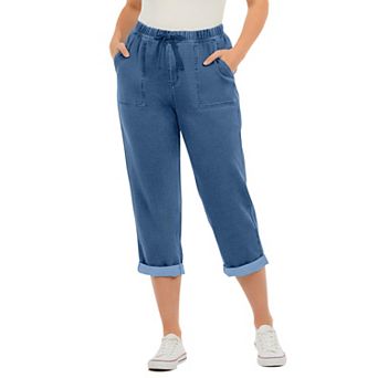 Roaman's Women's Plus Size Knit Denim Pull-On Cuffed Capri Jean