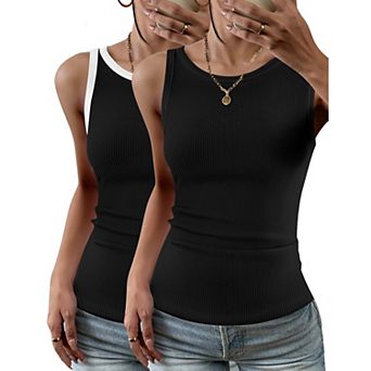 Zeagoo 2 pc Women's Ribbed Crew Neck Sleeveless Tank Tops Basic Casual Work Going Out Tops